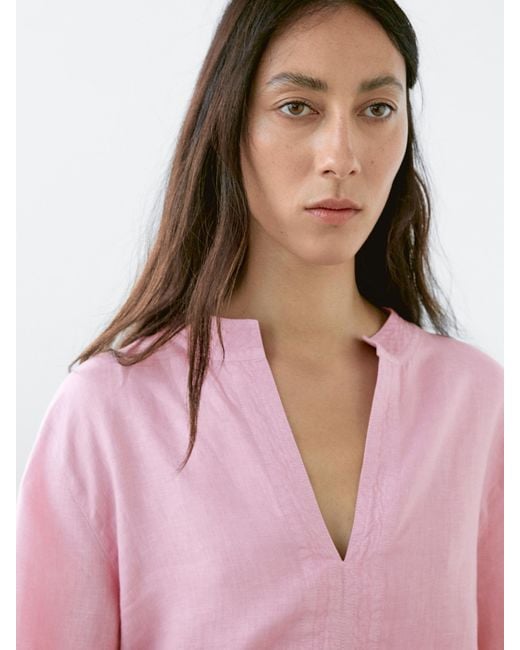 MASSIMO DUTTI Pink 100% Linen Long Sleeve Shirt