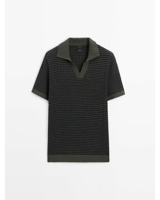 MASSIMO DUTTI Black Textured Short Sleeve Polo Sweater for men