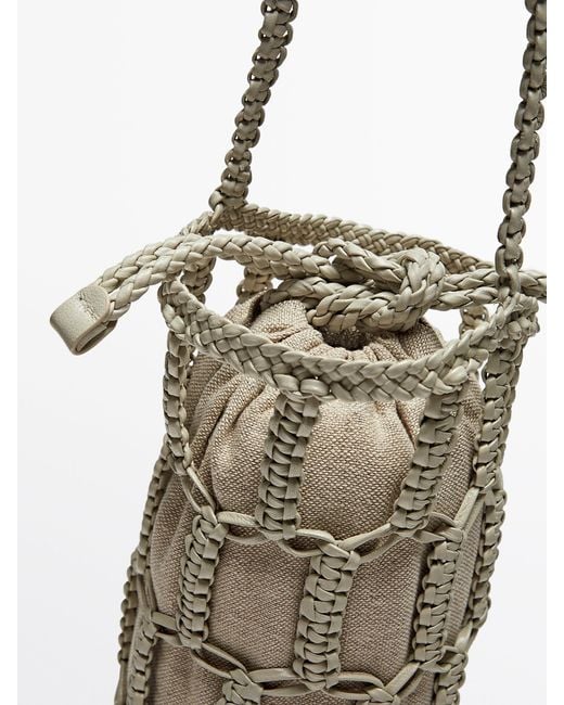 MASSIMO DUTTI Gray Nappa Leather Woven Mini Bucket Bag