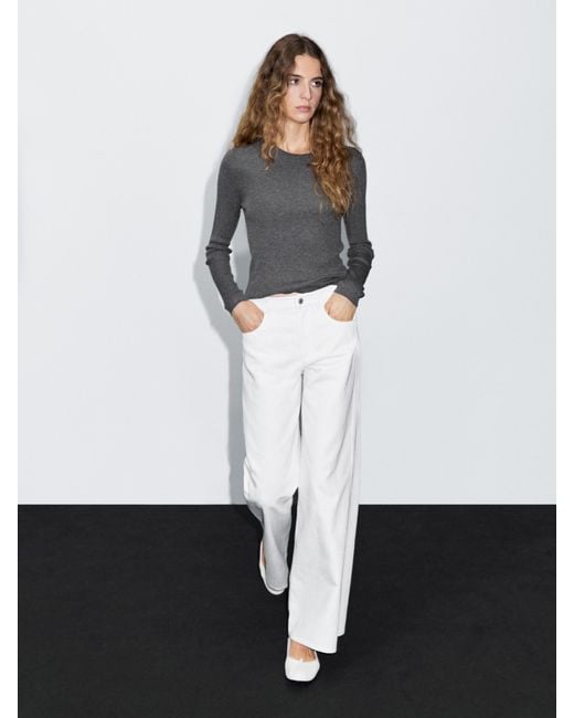 MASSIMO DUTTI Textured Wide-Leg Denim-Effect Trousers in White