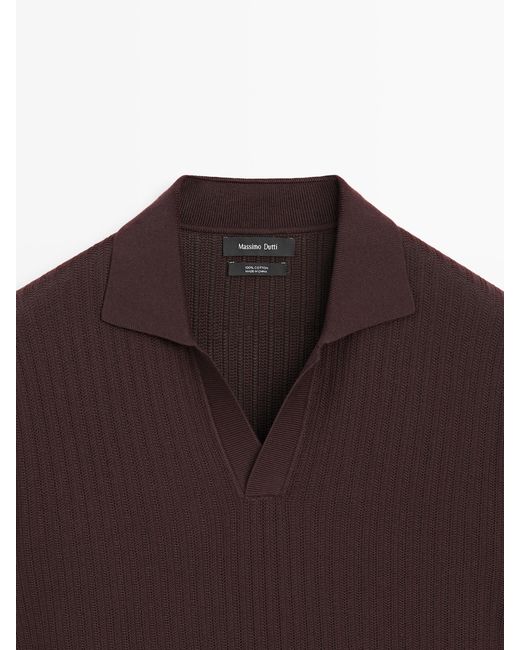MASSIMO DUTTI Brown Jacquard Knit Polo Sweater for men