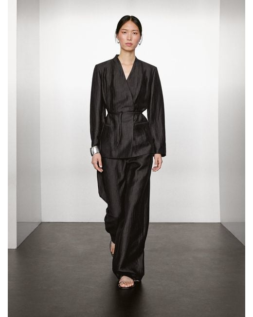 Kimono Avec Nœud En Lin Mélangé MASSIMO DUTTI en coloris Black