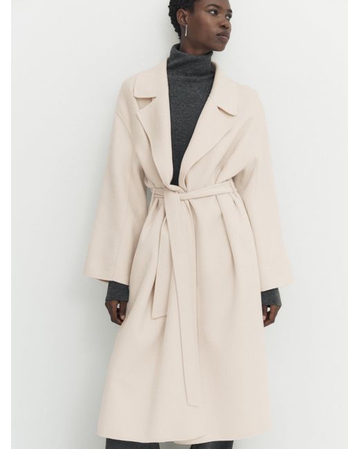 MASSIMO DUTTI Wool Blend Robe Coat With Belt in Natural | Lyst
