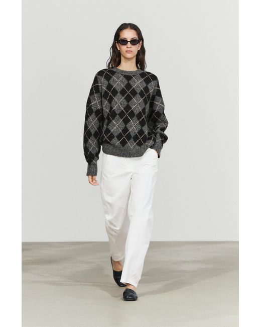 MASSIMO DUTTI Gray Cashmere-Blend Argyle Knit Sweater