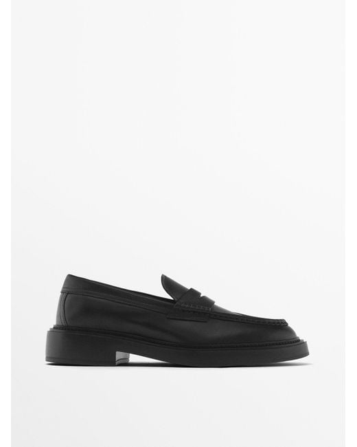 MASSIMO DUTTI Black Leather Penny Loafers for men