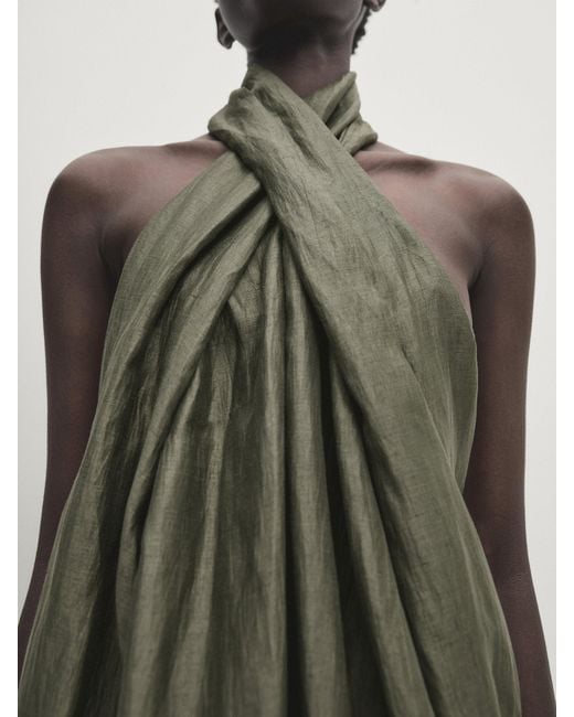 MASSIMO DUTTI Green Linen Blend Halter Dress