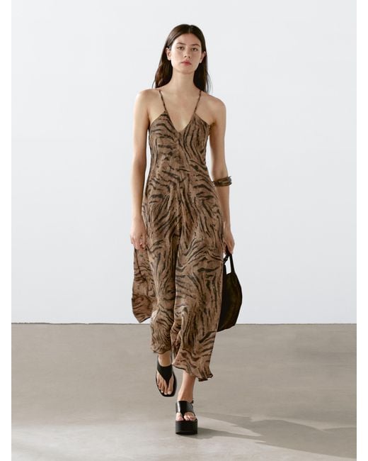 MASSIMO DUTTI Natural Long Ramie Blend Animal Print Dress