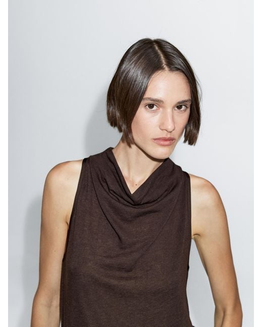 MASSIMO DUTTI Brown Sleeveless Top With Draped Neckline