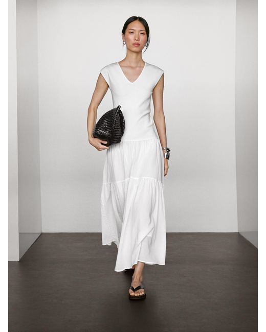 MASSIMO DUTTI White Long Contrast V-Neck Dress