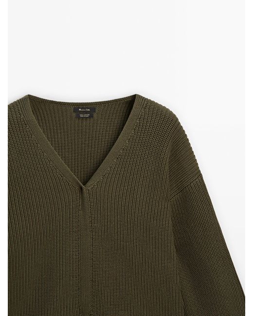 MASSIMO DUTTI Green Purl Knit V-Neck Sweater With Front Detail