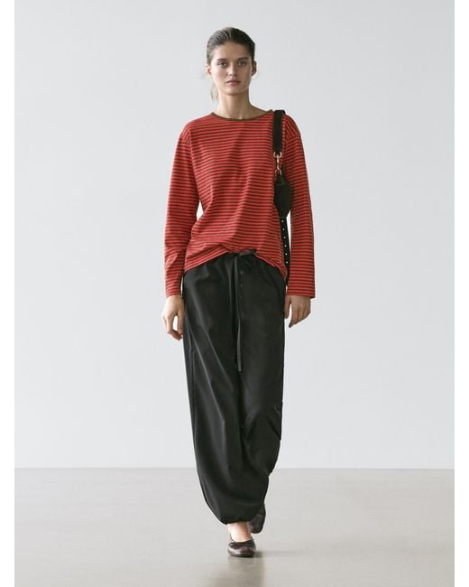 MASSIMO DUTTI Red Long Sleeve Striped Cotton T-Shirt