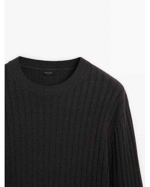 MASSIMO DUTTI Black Ribbed Cotton Blend Knit Sweater for men