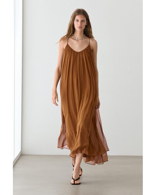 MASSIMO DUTTI Brown 100% Silk Ruched Midi Dress