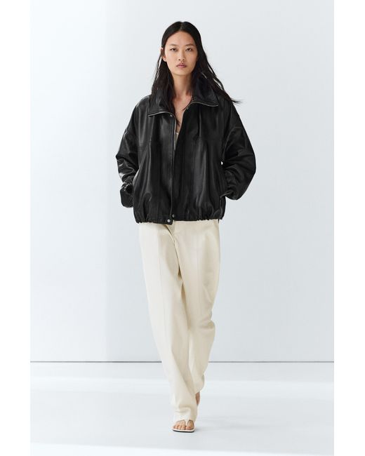 MASSIMO DUTTI Black Nappa Leather Bomber Jacket
