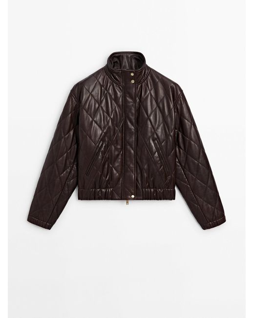 MASSIMO DUTTI Brown Quilted Nappa Leather Bomber Jacket