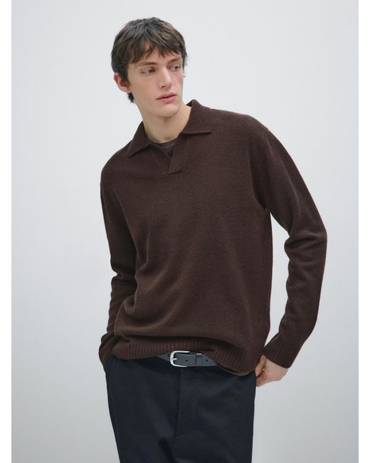 MASSIMO DUTTI Black Wool Blend V-Neck Polo Sweater for men