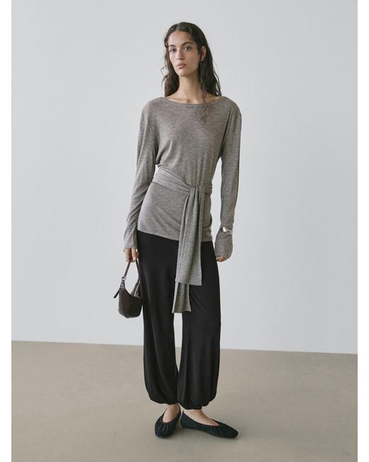 MASSIMO DUTTI Gray T-Shirt With Tie Detail