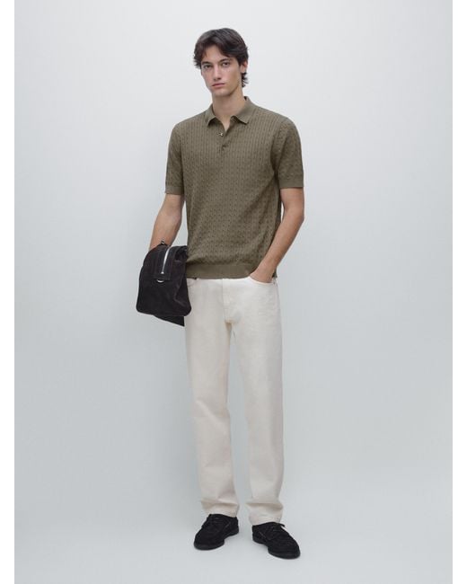 MASSIMO DUTTI White 100% Cotton Cable Knit Polo Shirt for men