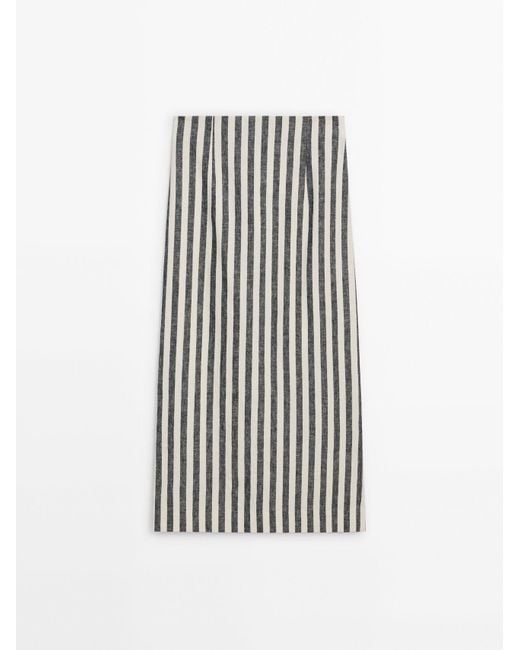 MASSIMO DUTTI White Striped Linen Blend Midi Skirt