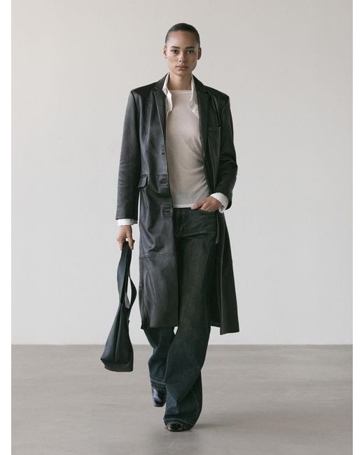 MASSIMO DUTTI Black Long Nappa Leather Coat