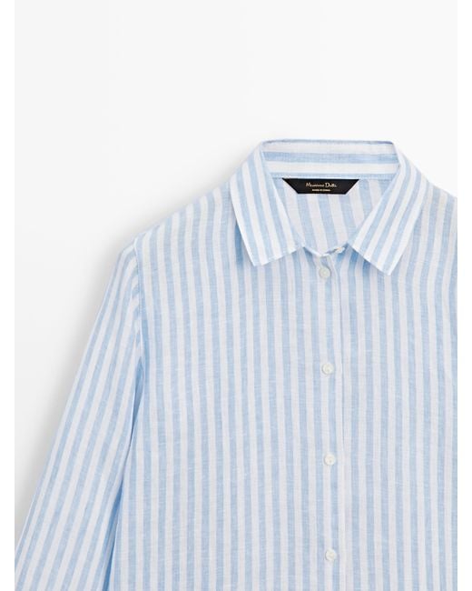 MASSIMO DUTTI Blue 100% Linen Striped Shirt