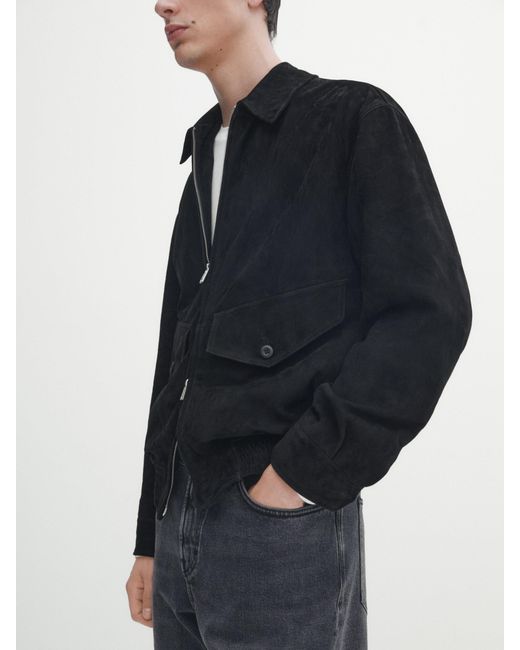 MASSIMO DUTTI Black Short Suede Leather Jacket for men