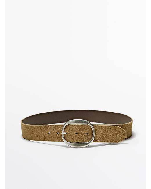 MASSIMO DUTTI Green Split Suede Leather Belt With Oval Buckle