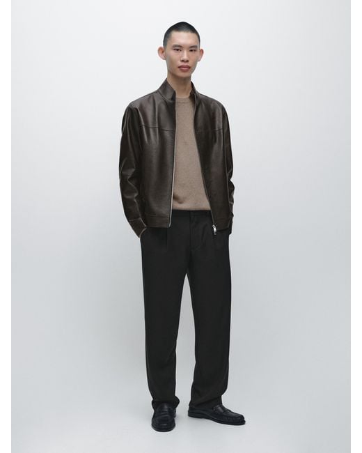MASSIMO DUTTI Brown Distressed Nappa Leather Jacket for men