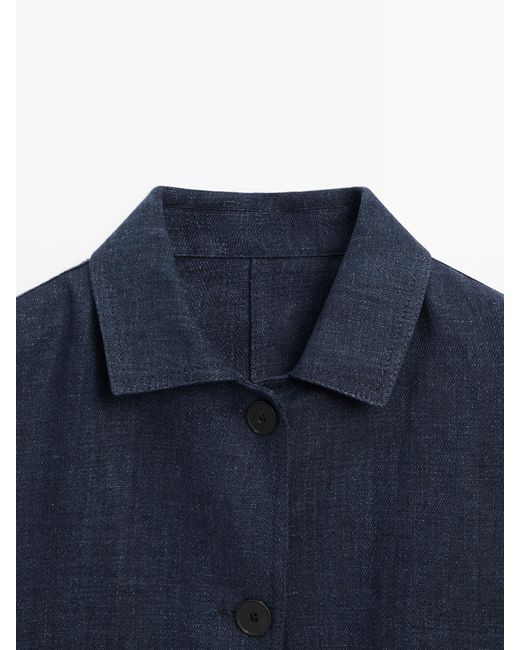 MASSIMO DUTTI Blue 100% Linen Jacket With Pockets