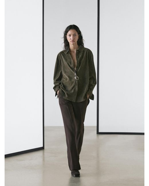 MASSIMO DUTTI Green Suede Leather Shirt With Seams