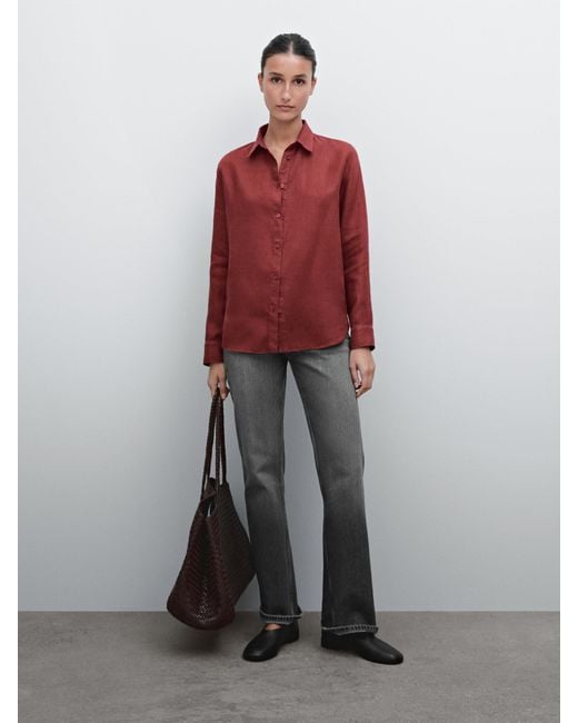 MASSIMO DUTTI Red Flowing 100% Linen Shirt