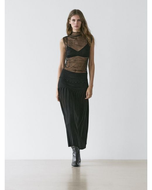 MASSIMO DUTTI Black Midi Skirt With Box Pleats
