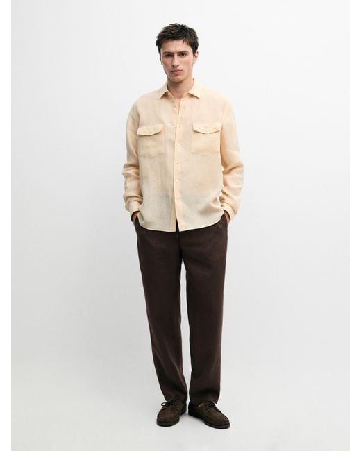 MASSIMO DUTTI Natural 100% Linen Shirt With Pocket Details for men