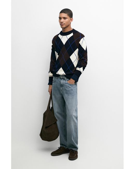 MASSIMO DUTTI Blue 100% Cotton Argyle Knit Sweater for men