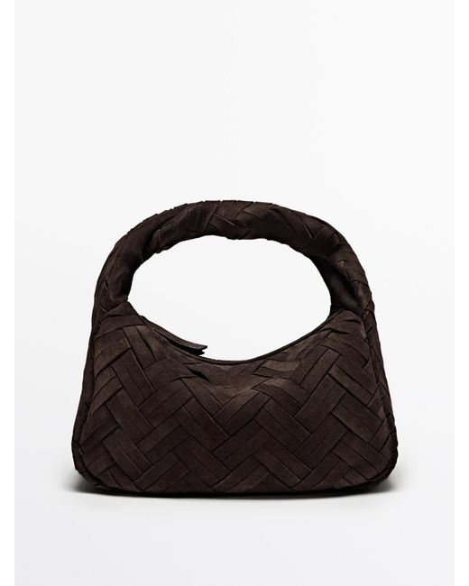 MASSIMO DUTTI Black Split Suede Braided Handbag