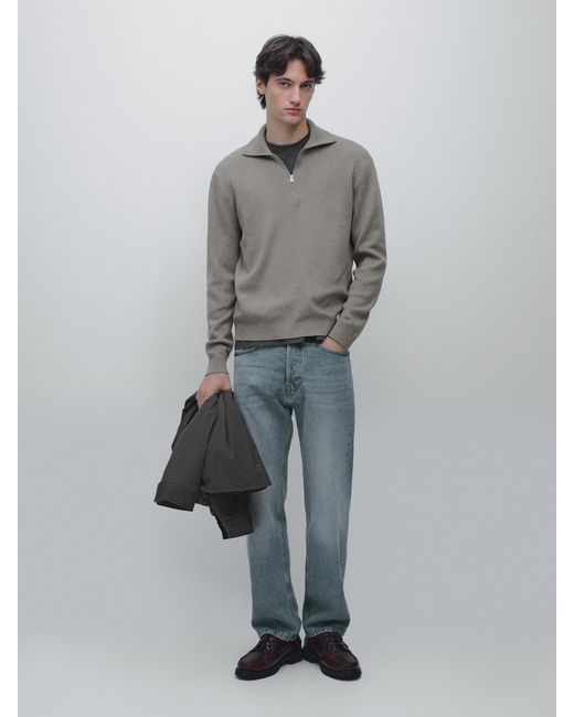 MASSIMO DUTTI Gray Cotton Mock Neck Zip-Up Knit Jumper for men
