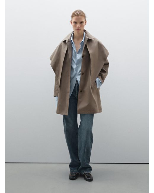 MASSIMO DUTTI Gray Trench Coat With Detachable Scarf Detail