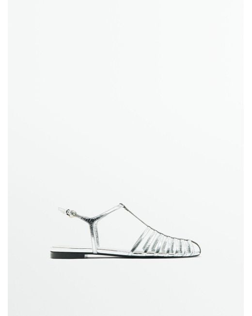 MASSIMO DUTTI White Laminated Flat Cage Sandals - Studio