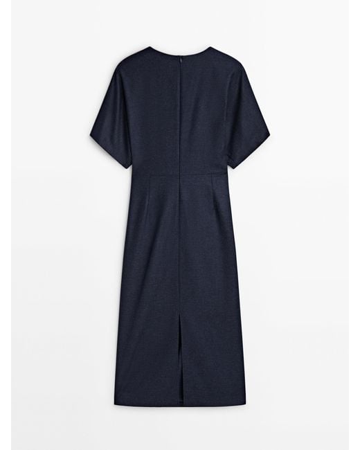 MASSIMO DUTTI Blue Wool Blend Midi Dress With Gathered Detail