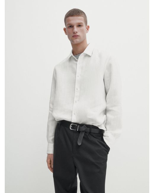 MASSIMO DUTTI Hemd Leinen Twill Streifen Slim-Fit - Beige - S in White für Herren