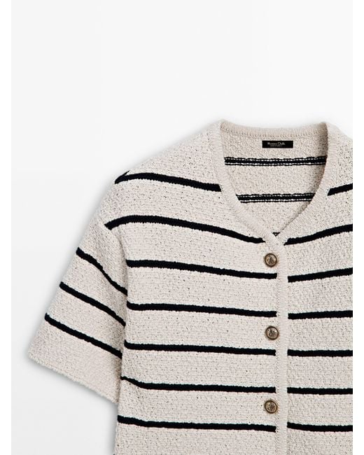 MASSIMO DUTTI White Striped Short Sleeve Textured Knit Cardigan