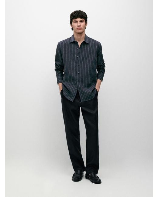 MASSIMO DUTTI Blue Tapered Fit Linen Trousers for men
