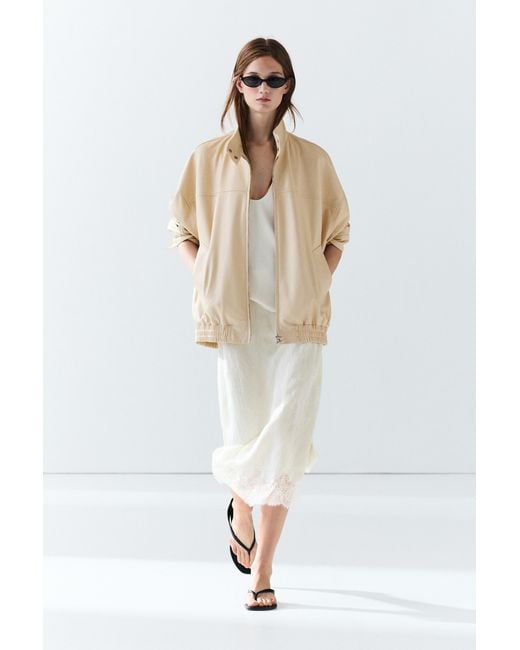 MASSIMO DUTTI White Leather Jacket With Elastic Hem