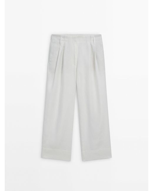 MASSIMO DUTTI White 100% Linen Trousers With Double Darts