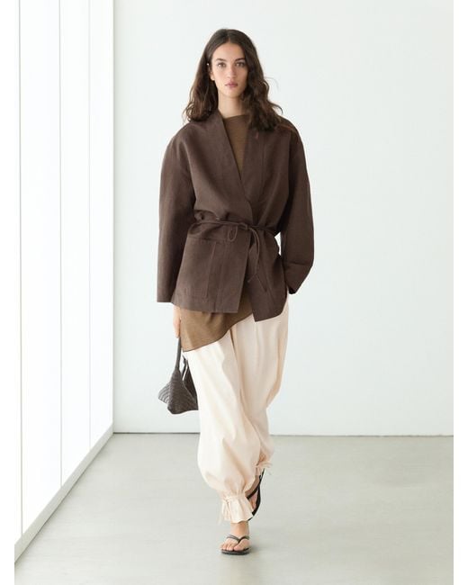 MASSIMO DUTTI Brown Linen Kimono Jacket With Tie