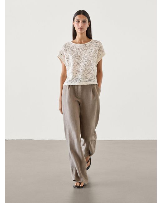 MASSIMO DUTTI Natural Embroidered Crochet Top