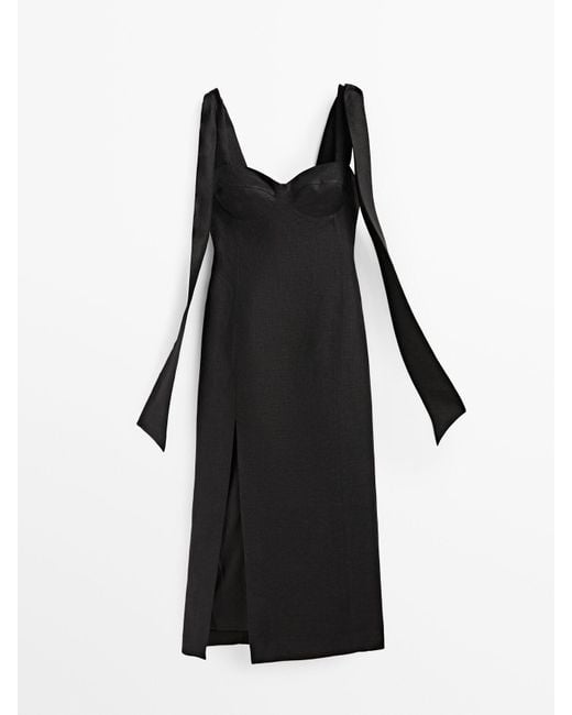 MASSIMO DUTTI Black Linen Dress With Slit -studio | Lyst