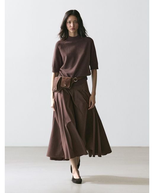 MASSIMO DUTTI Brown Midi Skirt With Sash And Seam Details