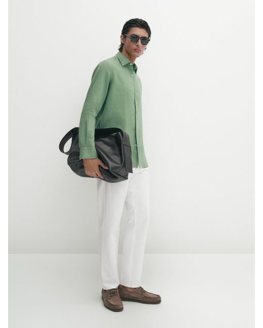 MASSIMO DUTTI Green Slim-Fit 100% Linen Shirt for men
