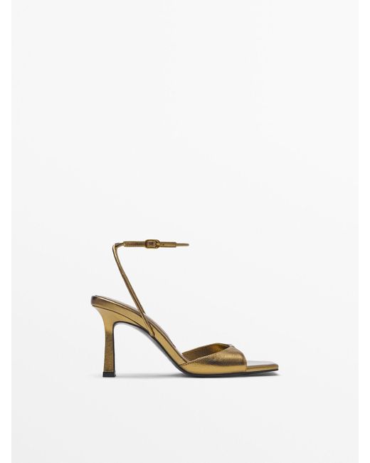 MASSIMO DUTTI High-heel Leather Sandals With Square Toe in Gold ...